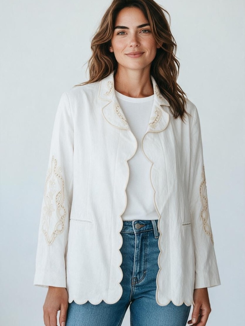 Joie Cream Scalloped-Edge Embroidered Linen Jacket